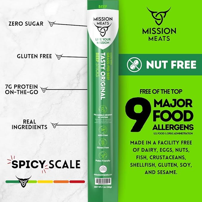 Mission Meats Beef Sticks – 100% Grass Fed & Pasture Raised, Zero Sugar, Gluten Free, Individually Wrapped Healthy Snacks, Whole 30 & Paleo Friendly, Original 1oz (Pack of 24)