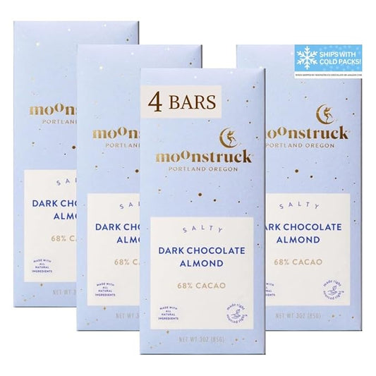 Moonstruck Chocolate Dark Chocolate Bar with Sea Salt and Almonds, 68% Cacao, 3.0oz (Pack of 4)