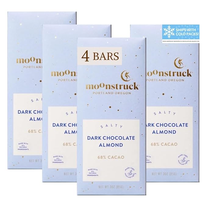 Moonstruck Chocolate Dark Chocolate Bar with Sea Salt and Almonds, 68% Cacao, 3.0oz (Pack of 4)
