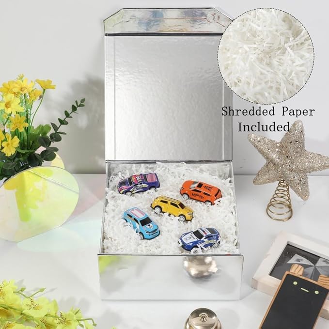 1 Pcs 6x6x3 Inch Silver Magnetic Gift Box with Crinkle Paper Silver Small Gift Box with Shredded Paper Luxury Gift Boxes with Lids for Presents
