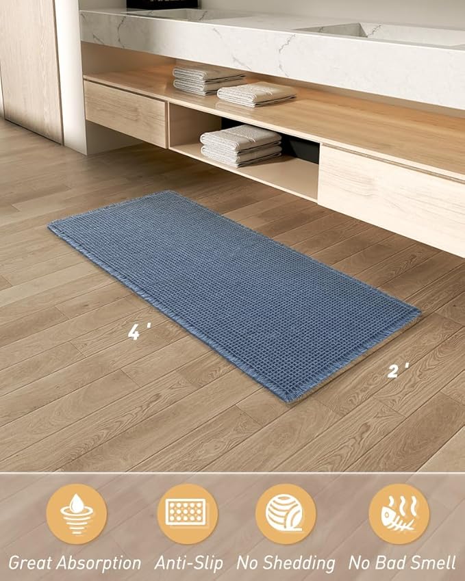 AMOAMI Upgraded Waffle Runner Rug Super Absorbent Non Slip Bath Mats for Bathroom Machine Washable Bathroom Runner Rug with Tassels, Ideal for Hallway Bedroom Laundry Room, 2'x 4'(24" x 48"), Blue