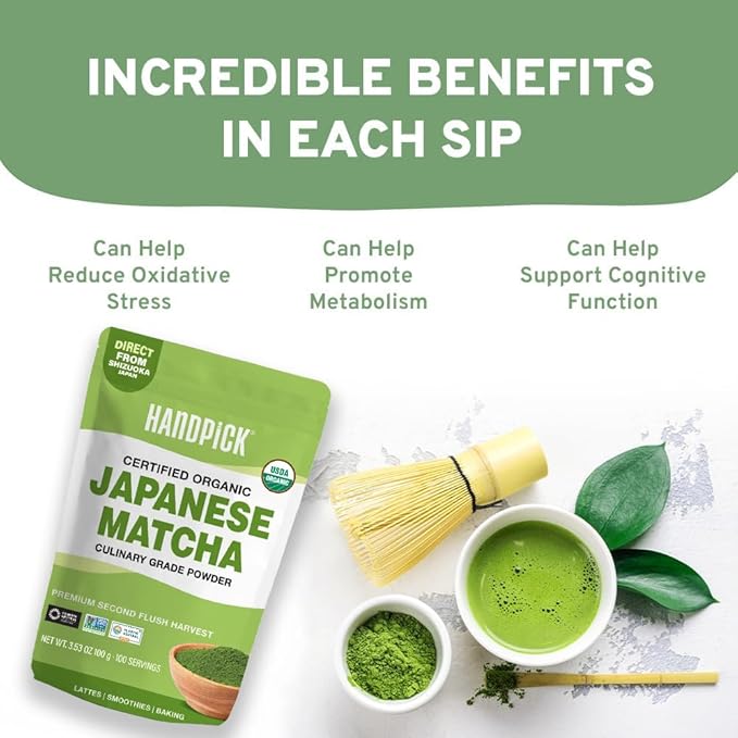 HANDPICK Japanese Organic Matcha Green Tea Powder (100 Servings) - Authentic Premium Second Flush Harvest | Resealable Ziplock Pouch