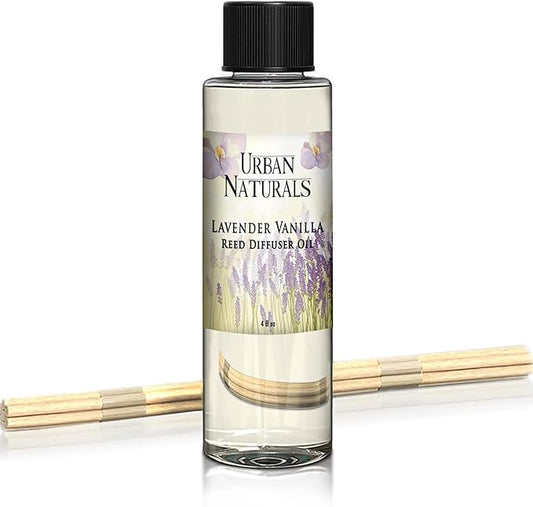 Urban Naturals Lavender Vanilla Scented Oil Reed Diffuser Refill | Includes a Free Set of Reed Sticks! Lavender Blossom, Creamy Vanilla, White Woods and Sugared Musk | 4 oz.