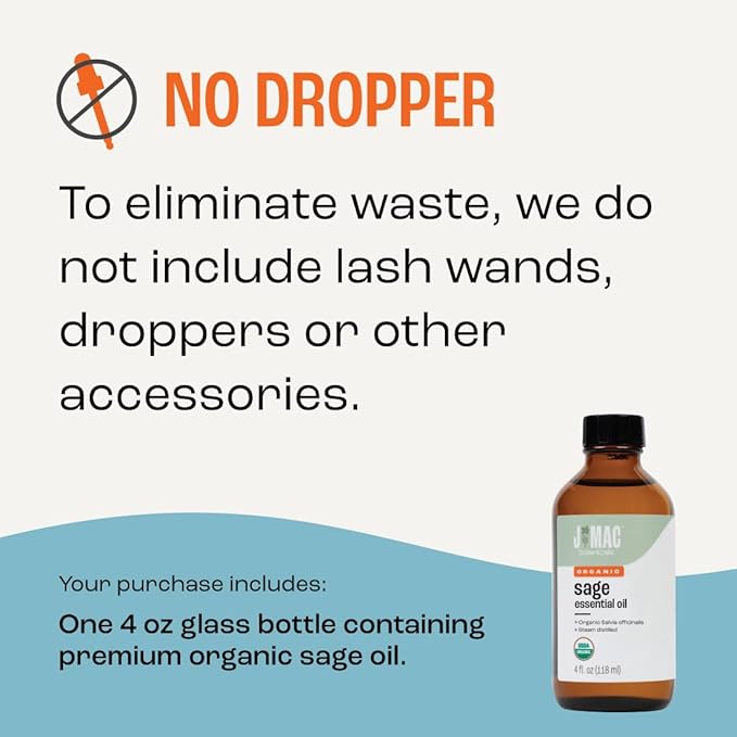 J Mac Botanicals, Organic Sage Oil (4 oz Glass Bottle, no Dropper), Organic Salvia Officinalis Essential Oil, Skincare, Massage, diffusers, Bath Bombs and Shower Steamers