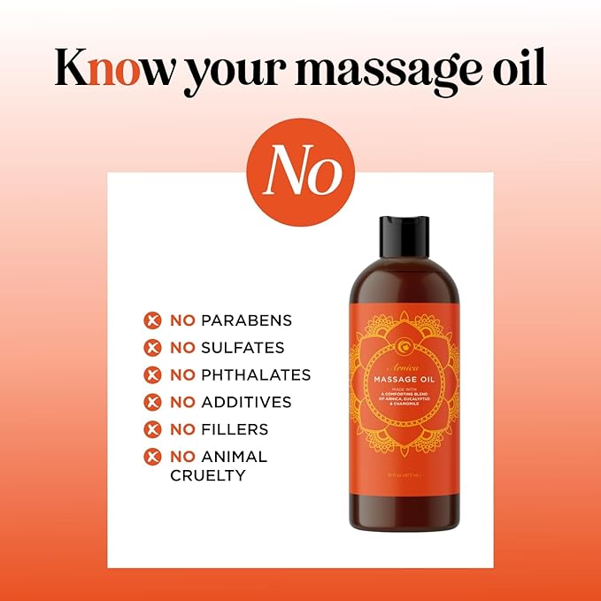 Arnica Massage Oil for Muscle Relaxing - Comforting Sore Muscle Massage Oil for Full Body Relief with Soothing Chamomile Lavender Peppermint & Rosemary Essential Oils - Vegan & Non GMO (16 Fl Oz)