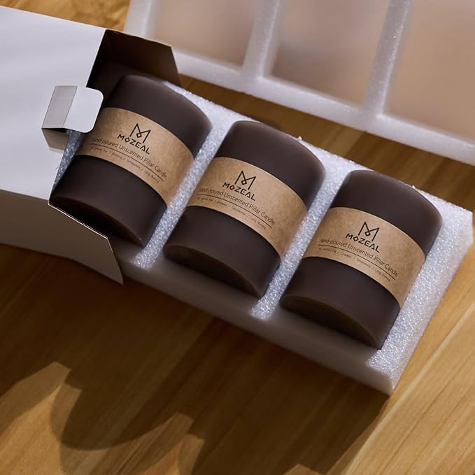 MOZEAL 3" x 6" Hand-Poured Unscented Candle, Dripless Pillar Candle Set of 3, Long Lasting Burning,Approx 120 Hours Burn Time, Rustic Country Style, for Winter Solstice, Sophisticated Charm,Taupe Gray