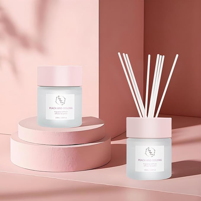 Reed Diffuser Set, Pretty Valley Home Diffuser 100Ml / 3.38fl OZ Gift Box - Includes Reed Diffuser Sticks, Fragrance Oil, and Glass Bottle for Bathroom Office Living Room Decor (White Peach & Oolong)