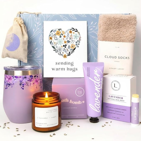 Unboxme Lavender Spa Gift Basket For Women - Mother's Day Relaxation Gift Set with Scented Candle, Wine Tumbler, Bath Bomb, Soap, Socks & Hand Cream - Self Care Package with Card
