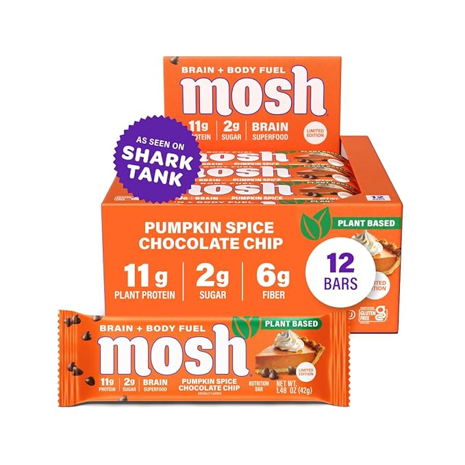 MOSH Pumpkin Spice Chocolate Chip Vegan Protein Bars, Plant Based, Keto, Gluten-Free, Brain Healthy Snack with Cognizin, Ashwagandha and Lion's Mane, 12 Count