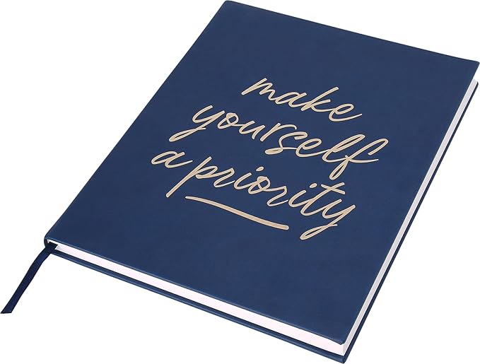 Eccolo Large Lined Journal Notebook, Hardbound Cover, Writing Journal, 256 Ruled Ivory Pages, Ribbon Bookmark, Lay Flat, Desk Size, Make Yourself A Priority (Navy Blue, 8x10 inches)