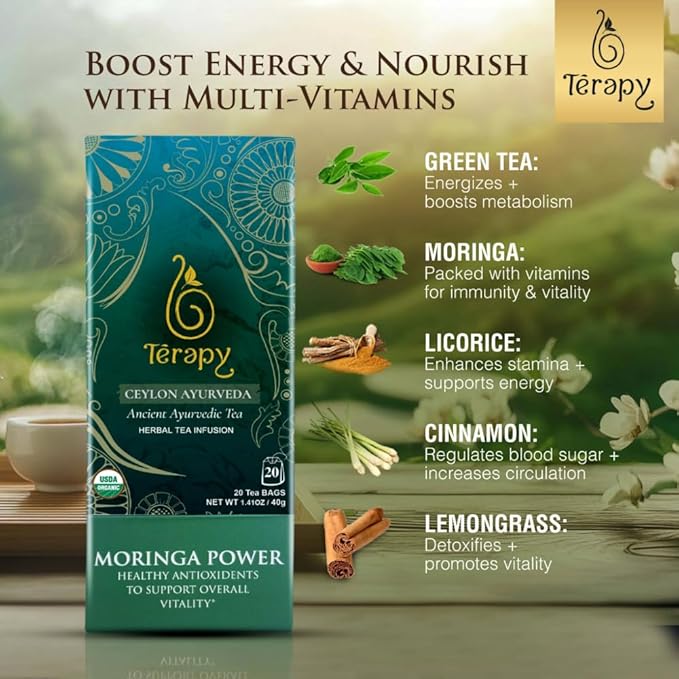 Tรฉrapy Ceylon Organic MORINGA TEA | USDA Organic Herbal Tea Bags| Helps with Vitality & Antioxidants | 100% Natural Ayurvedic Ingredients | 20 Individually Wrapped Tea Bags