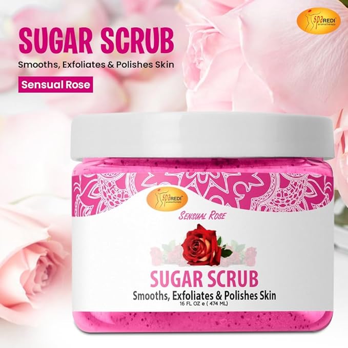 SPA REDI – Sugar Body Scrub, Sensual Rose, 16 Oz, Exfoliating, Moisturizing, Hydrating and Nourishing, Glow, Polish, Smooth and Fresh Skin - Body Exfoliator