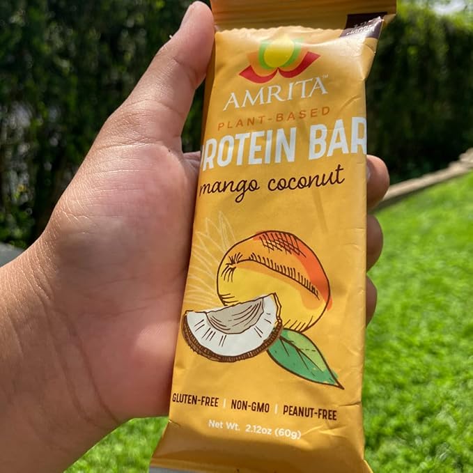 Amrita Nut Free Mango Coconut Vegan Protein Bars (12 Count PK of 3) | 11g Plant-Based Protein Bar | Peanut Free, Gluten Free, and Dairy Free | Low Sugar, High Fiber, Healthy School-Safe Snacks