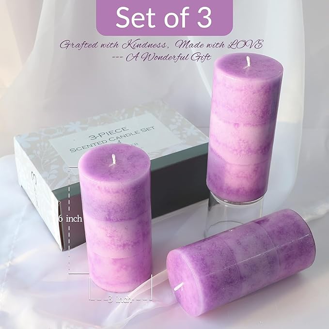 3x6 Large Candle Lavender Scented 3 Pack Pillar Votive Candles Pink Decorative Clean Burning Candles Birthday Gift for Her Wedding Party Decor Mothers Day Gifts Set