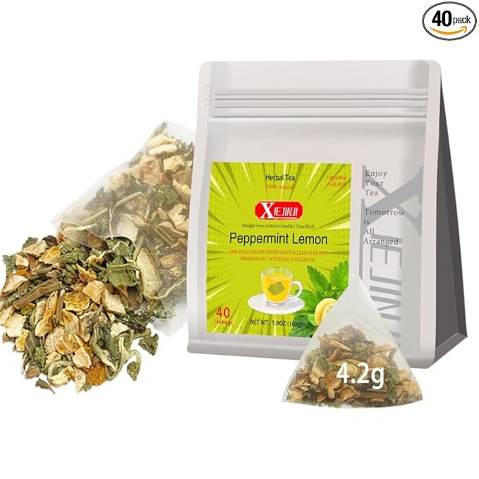 XIEJINJI Peppermint Lemon Tea Bags, 4.2g x 40 Count (5.9 oz), 100% Natural Lemon & Peppermint Leaves, No Flavoring - No Additives - Caffeine Free, Eco-Conscious Pyramid Clear Filter Teabag