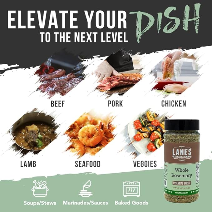 Lane's Whole Rosemary Seasoning, All-Natural Cracked Rosemary Spice Compliments Dishes like Chicken, Lamb, Pork, & Veggies, Made in USA, 3.35 Oz (94g)