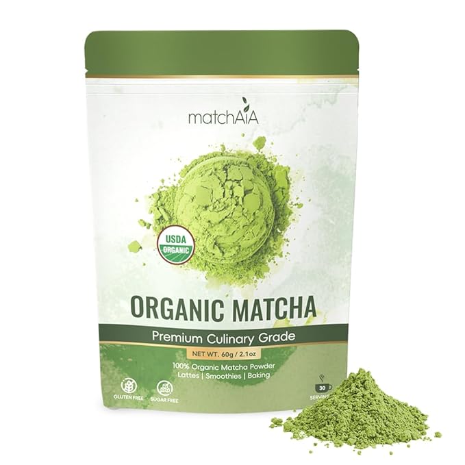 MatchAiA Organic Matcha Green Tea Powder - Premium Culinary Grade, USDA Certified, 100% Pure - Perfect for Lattes, Smoothies, Desserts and Baking - Sugar Free, Gluten Free (60g / 2.1oz Pouch)