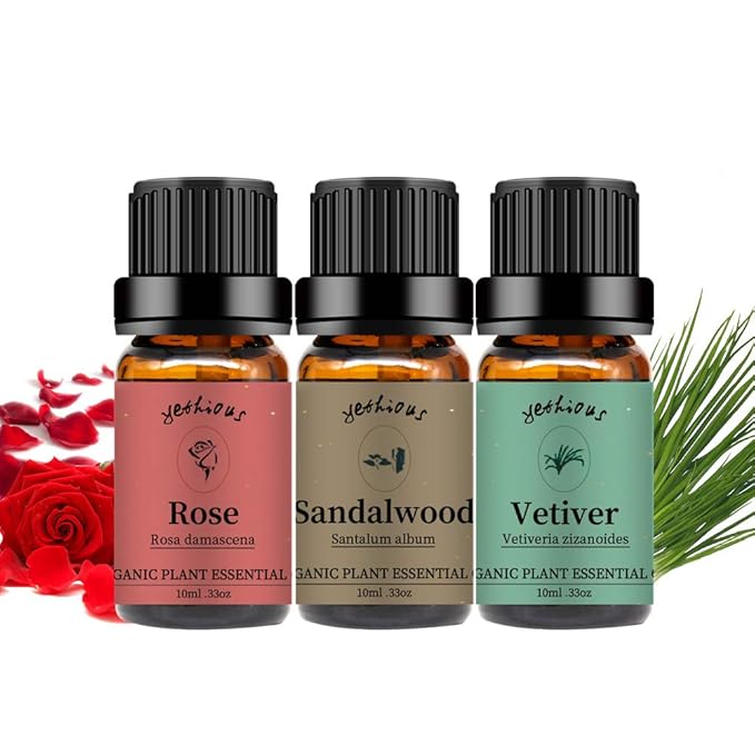yethious 3 Pack Rose Sandalwood Vetiver Essential Oil Set Organic Pure Aromatherapy Oil for Diffuser Rose Oil Essential Oil