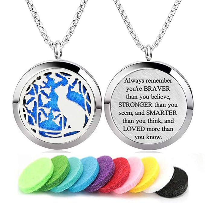 Aromatherapy Essential Oil Diffuser Necklace Stainless Steel lnspirational Locket Pendant(Cat)