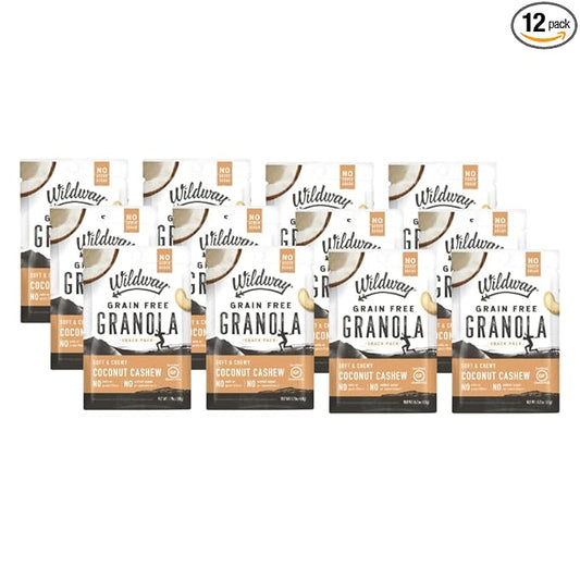 Wildway Keto Granola Snack Packs| Coconut Cashew | Grain-Free Certified Gluten-Free Cereal | Vegan, Low Carb & No Sugar Added | Paleo-Friendly, Non-GMO Fruit & Nut Clusters | Nutrient-Rich | 12 Pack