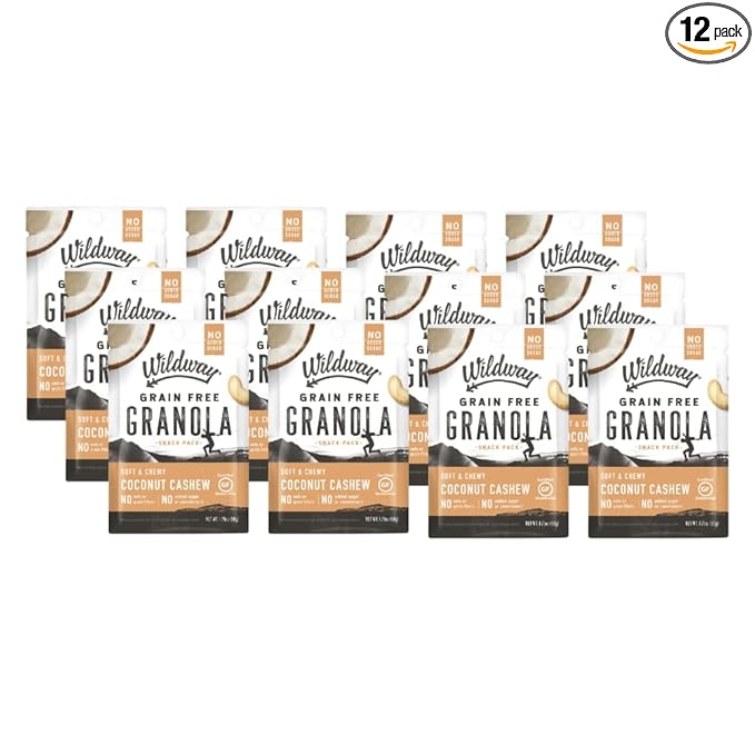 Wildway Keto Granola Snack Packs| Coconut Cashew | Grain-Free Certified Gluten-Free Cereal | Vegan, Low Carb & No Sugar Added | Paleo-Friendly, Non-GMO Fruit & Nut Clusters | Nutrient-Rich | 12 Pack