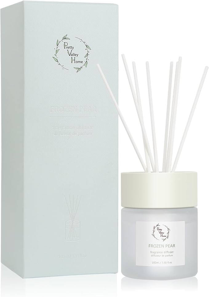 Reed Diffuser Set, Pretty Valley Home Diffuser 100Ml / 3.38fl OZ Gift Box - Includes Reed Diffuser Sticks, Fragrance Oil, and Glass Bottle for Bathroom Office Living Room Decor (Frozen Pear)