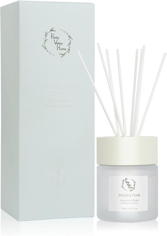 Reed Diffuser Set, Pretty Valley Home Diffuser 100Ml / 3.38fl OZ Gift Box - Includes Reed Diffuser Sticks, Fragrance Oil, and Glass Bottle for Bathroom Office Living Room Decor (Frozen Pear)