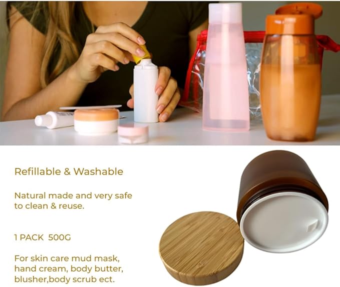 Empty Bamboo Lid Jar 16oz/500g,Refilable Plastic Round Cosmetic Containers for Powder,Body Butter,Cream,Lotion,Wide Mouth Makeup Sample Storage Pot Dispenser(Brown Color)