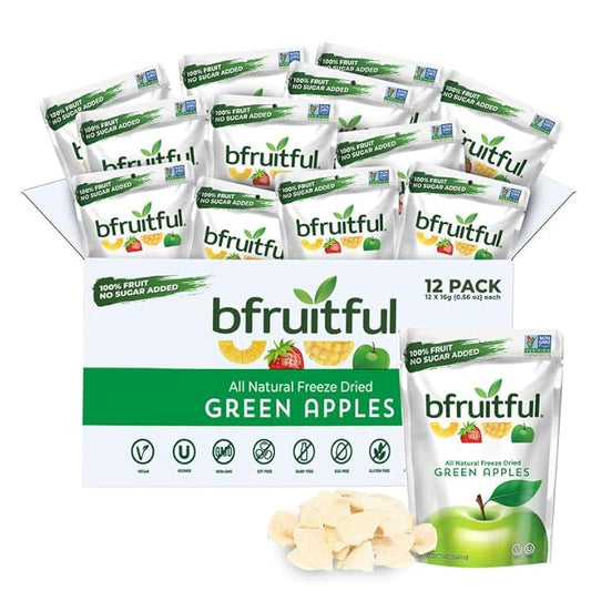 bfruitful Freeze-Dried Green Apple, Freeze Dried Fresh Fruit Bites, Gluten Free, Vegan, Dairy Free, Kosher, No Sugar Added, Non GMO, Healthy Snacks, 0.56 oz Single-Serve Snack Packets, 12 Pack