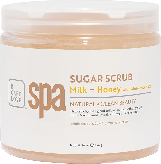 BCL SPA sugar scrub | organic Milk and Honey with White Chocolate exfoliating body scrub removes dead, dry skin for a soft & hydrated feel, nourishing essential body care 16 oz