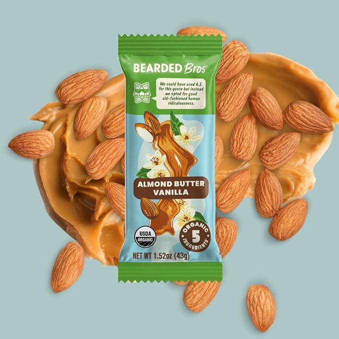 Bearded Brothers, Organic Vegan Protein Energy Bars, Almond Butter Vanilla (12 Pack) - Gluten Free, Paleo, Fiber, Whole 30 | Non GMO Low Glycemic Snacks (Packaging May Vary)