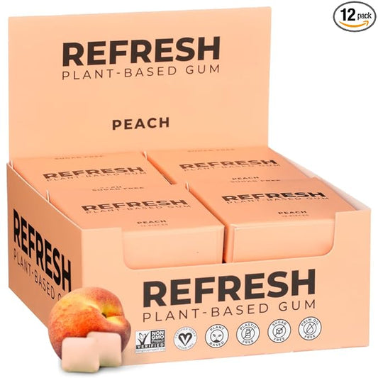 Refresh Gum, Xylitol, Natural, Sugar Free, Plastic Free, Natural Flavors & Organic Ingredients, Plant-Based, Low Calorie, Non GMO, Gluten Free, Vegan, Peach Flavor, 12 Pieces, 12 Pack