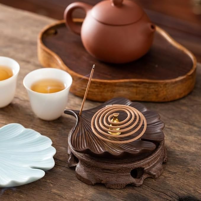 2-Style Ceramic Incense Burner, Bodhi&Ginkgo Leaf Design, Ceramic Incense Holder for Sticks with Ash Catcher&Built-in Stand, Zen Meaning Decor for Home, Office&Yoga/Sage/Cone(Brown and White)