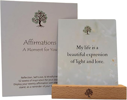 52 Positive Affirmation Cards with Wooden Stand - Daily Mindfulness & Self-Love for Stress Relief, Mental Health Inspiration, Emotional Balance & Weekly Reflection on Your Journey