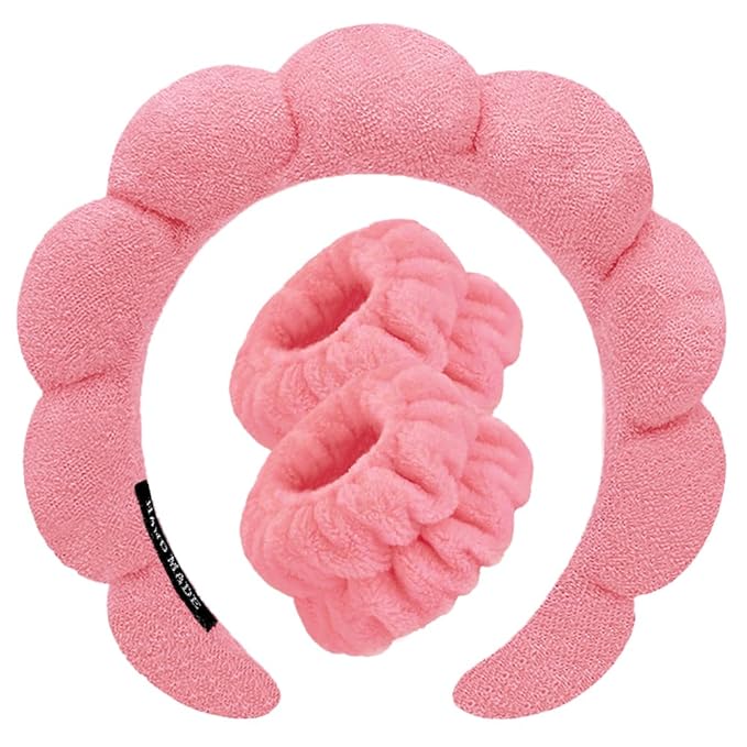 Spa Headbands for Washing Face Wristband Set Sponge Makeup Skincare Headband Wrist Towels Bubble Soft Terry Towel Cloth Hairband for Women Puffy Headwear Non Slip Thick Thin Hair Headwear (Rose red)