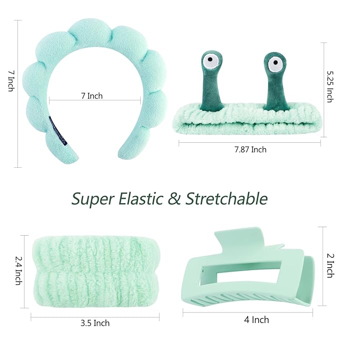 VELSCRUN Spa Headband, Makeup Face Wash Skincare Headbands, 5 Pcs Sponge Get Ready Snail Hairband Facial Wristband Hair Clip Set, Stuff for Teen Girls Women Trendy Hair Accessories Light Green