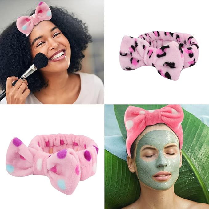 WHAVEL 6 Pack Pink Spa Headbands, Makeup Headbands Skincare Headbands Microfiber Bow Headbands Leopard Stripe Polka Facial Headband Soft Elastic Hair Band Headband for Washing Face
