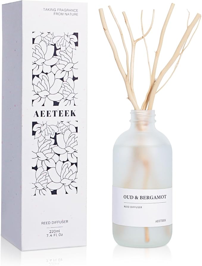 Oud Bergamot Reed Diffuser, 7.4oz(220ml) Orange & Cedar Wood Essential Oils, Air Freshener for Bathroom with Willow Branches Decor, Long Lasting Fragrance for Home, Office (1-Pack)