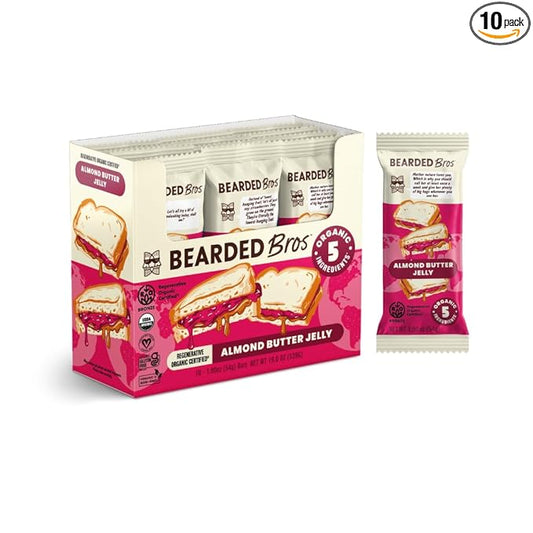 Bearded Brothers, Organic Vegan Protein Energy Bars, Almond Butter Jelly (10 Pack) - Gluten Free, Paleo, Fiber, Whole 30, Non GMO Low Glycemic Snacks