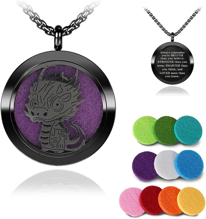 Aromatherapy Diffuser Necklace-Dinosaur Essential Oil Necklace,Aromatherapy Diffuser Pendant for Men and Women,Portable,Suitable for Yoga,Meditation,Travel,Stress Relief Gift(Black30mm)