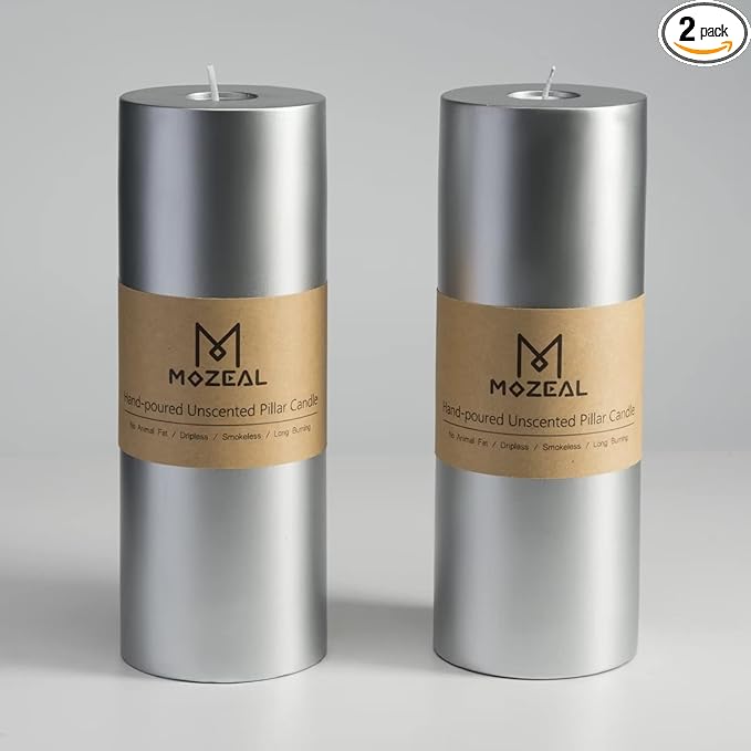 MOZEAL 3" x 8" Hand-Poured Unscented Large Candle,Smokeless Rustic Pillar Candle Set of 2,Slow Burn,No Drip,Approx 150 Hours Burning,Wedding,Dinner,Christmas and Home Decorative,Tall Silver Candle