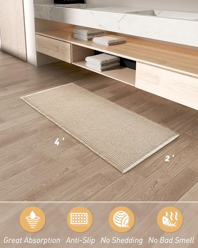 AMOAMI Upgraded Waffle Runner Rug Super Absorbent Non Slip Bath Mats for Bathroom Machine Washable Bathroom Runner Rug with Tassels, Ideal for Hallway Bedroom Laundry Room, 2' x 4', Brown & Cream