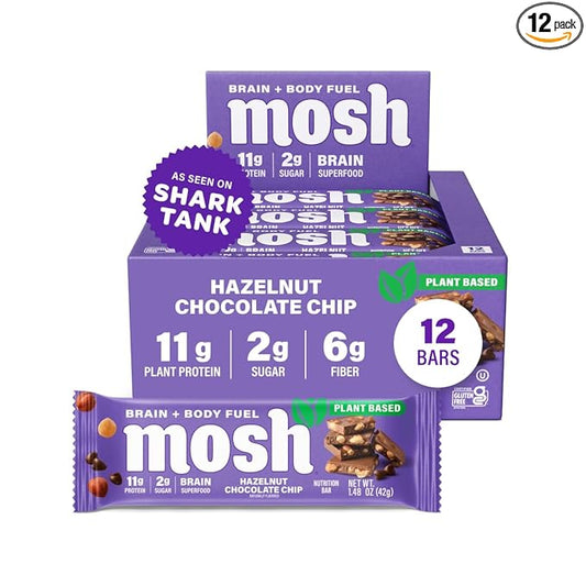 MOSH Hazelnut Chocolate Chip Vegan Protein Bars, Plant Based, Keto, Gluten Free, Brain Healthy Snack with Cognizin, Ashwagandha and Lion's Mane, 12 Count