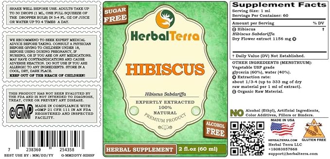 Hibiscus flowers (Hibiscus Sabdariffa) Glycerite, Organic Dried Flowers Alcohol-FREE Liquid Extract 2 oz