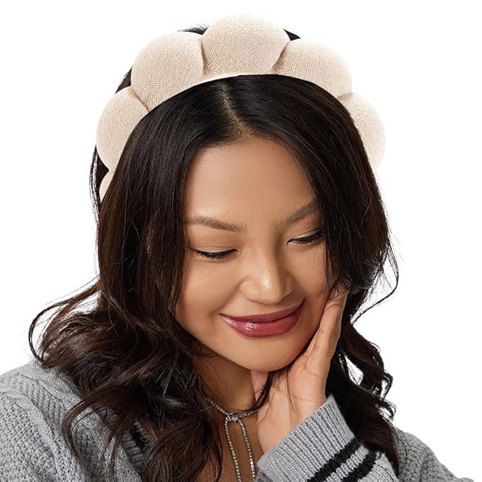 Spa Headbands for Washing Face or Facial Makeup Headbands Bubble Skincare Headbands Drunk Elephant Terry Cloth Puffy Skin Care Hairbands for Mask Treatment, Beige
