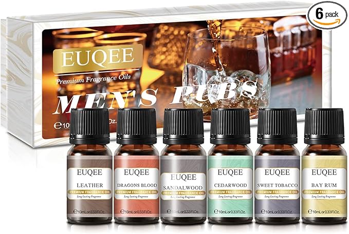 EUQEE 6PCS Fragrance Oils for Men, Men's Pubs Gift Set Premium Fragrance Oils -10ml-Leather, Sweet Tobacco(New Name-Honeyed Haze), Dragons Blood, Sandalwood, Bay Rum, Cedarwood (Men's Pubs)