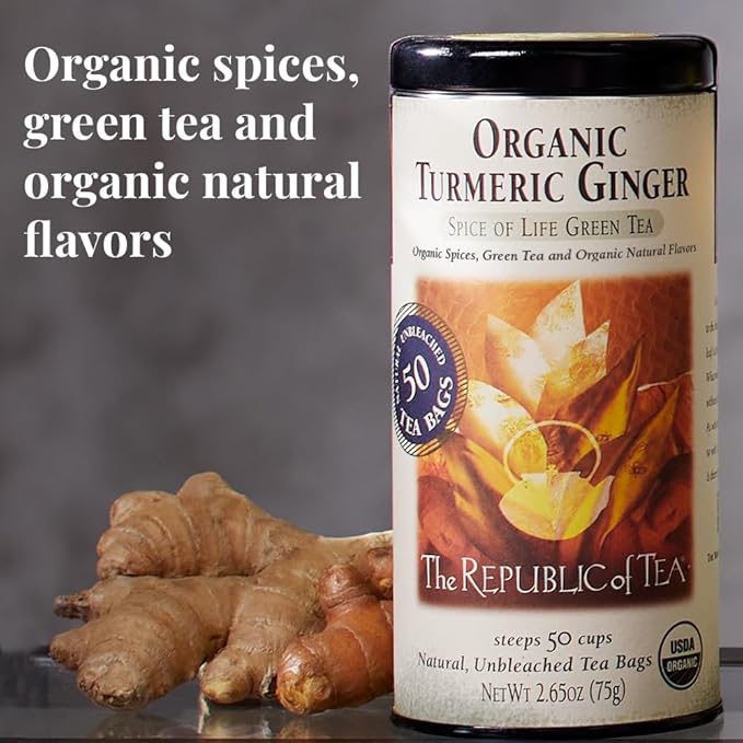 The Republic of Tea - Organic Turmeric Ginger Green Tea Tin, 50 Tea Bags, Naturally Caffeinated