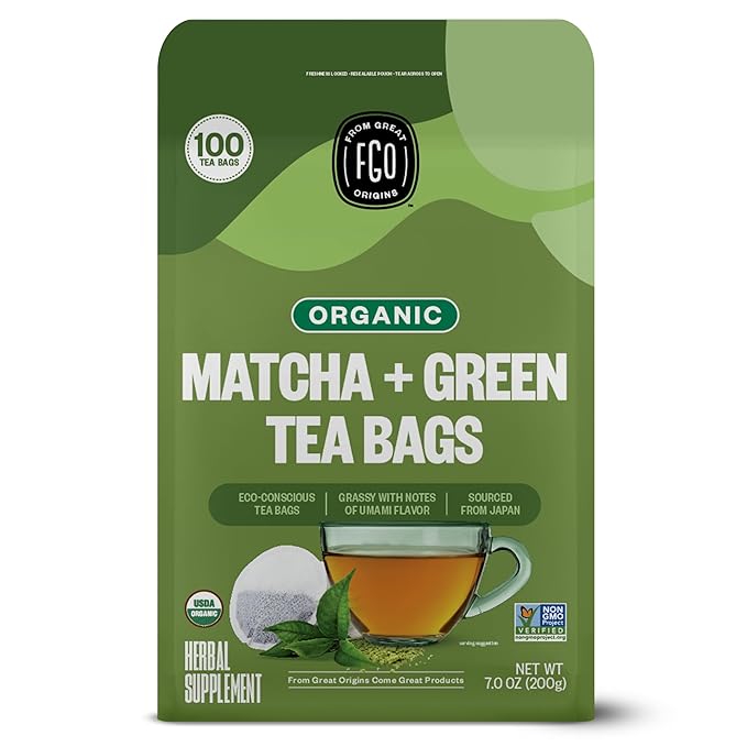 FGO Organic Japanese Matcha + Green Tea, 100 Count, Eco-Conscious Tea Bags, Resealable Bag, Packaging May Vary (Pack of 1)