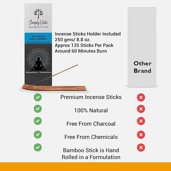 Simply Vedic Nag Champa Incense Sticks 250g with Holder β 135 Hand-Rolled Natural Agarbatti β No Charcoal, Long-Lasting Aromatherapy for Yoga, Meditation, Relaxation, Spiritual Healing, Pooja, Home