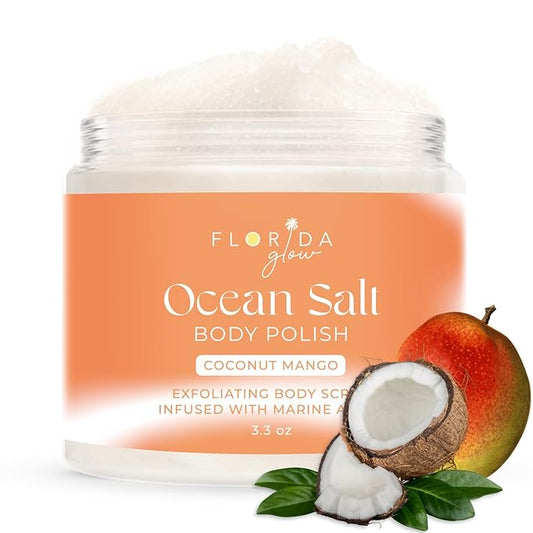 Sea Salt Body Scrub by Florida Suncare - Ocean Salt Body Polish Infused with Marine Algae - Exfoliating Face and Body Scrub - Facial Scrub Exfoliator to Tackle Acne and Scars (Coconut Mango, 3.3 oz)
